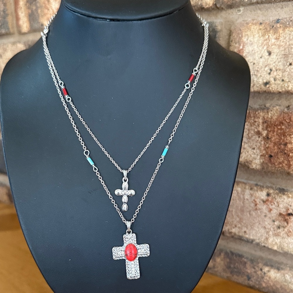 Southwestern double strand layered cross pendants necklace